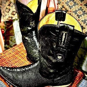 Vintage Semental Black Unisex Genuine Stingray Snip Toe Cowboy Boots Size 3